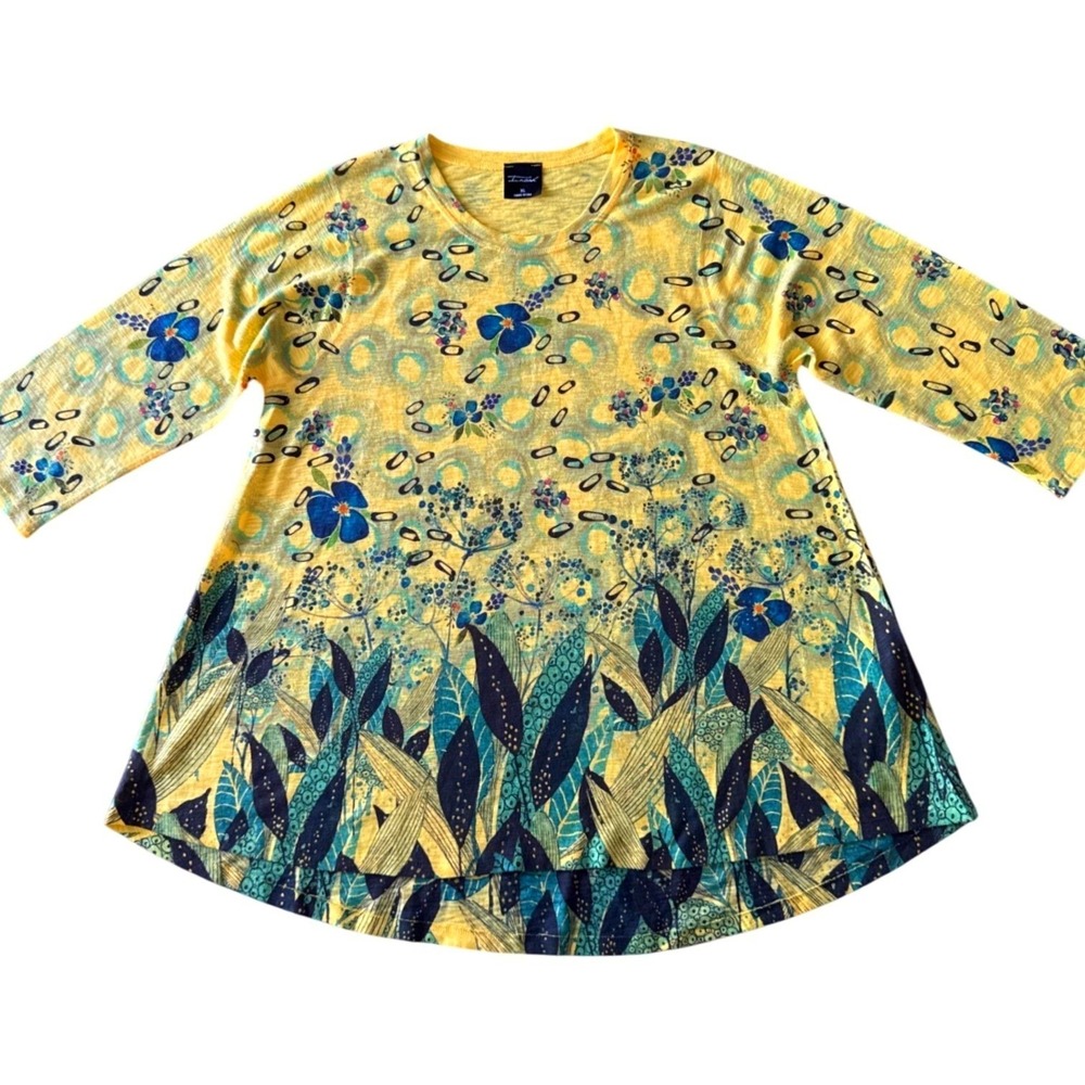 Inoah Women's Yellow Floral Abstract Tunic Knit Top XL Boho Artsy Lagenlook USA - Picture 2 of 7